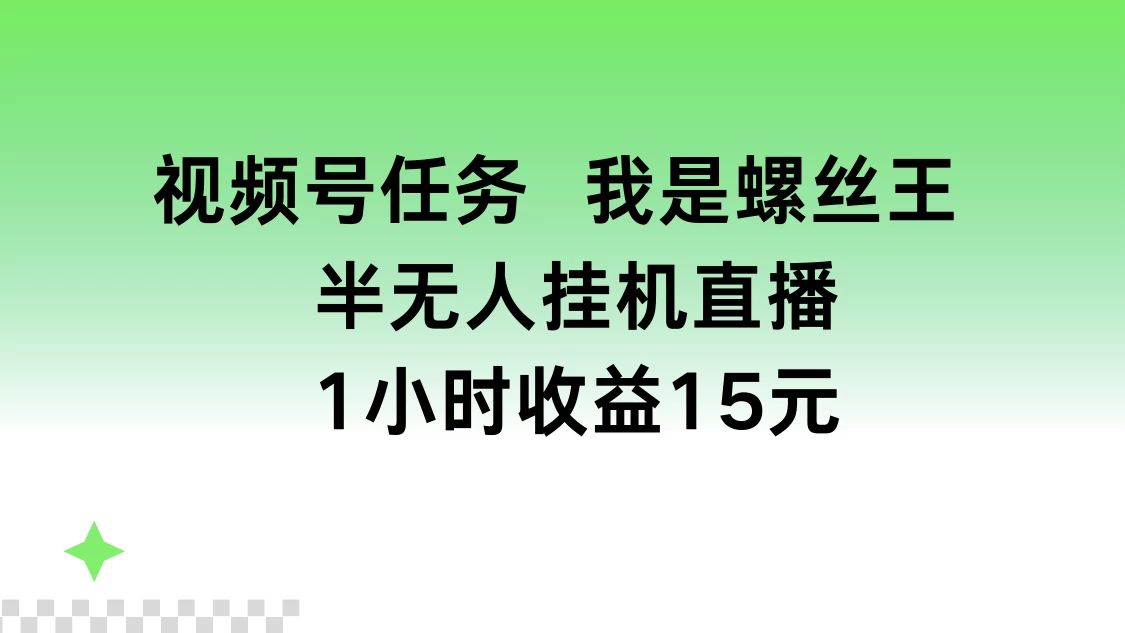 视频号任务，我是螺丝王， 半无人挂机1小时收益15元-巴七创客网