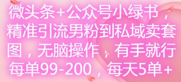 微头条+公众号小绿书，精准引流男粉到私域卖套图，无脑操作，有手就行，每单99-200，每天5单-巴七创客网