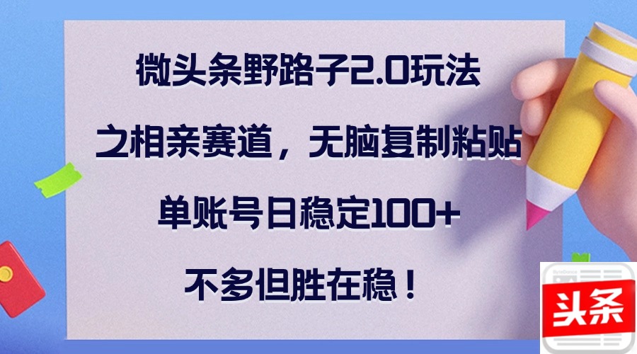微头条野路子2.0玩法之相亲赛道，无脑复制粘贴，单账号日稳定100+，不…-巴七创客网