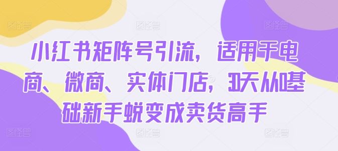 小红书矩阵号引流，适用于电商、微商、实体门店，30天从0基础新手蜕变成卖货高手-巴七创客网