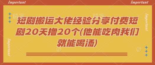短剧搬运大佬经验分享付费短剧20天撸20个(他能吃肉我们就能喝汤)-巴七创客网