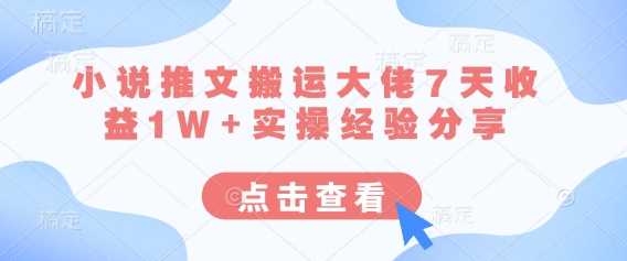 小说推文搬运大佬7天收益1W+实操经验分享-巴七创客网
