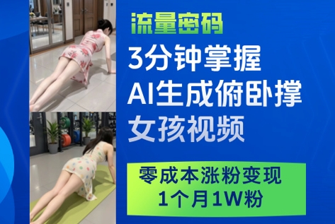 3分钟掌握AI生成俯卧撑女孩视频，零成本涨粉变现，1个月1W粉-巴七创客网