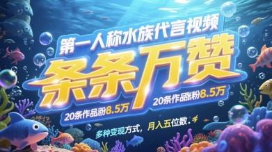 第一人称水族代言视频，条条万赞，20条作品涨粉7.8W，多种变现方式月入五位数-巴七创客网