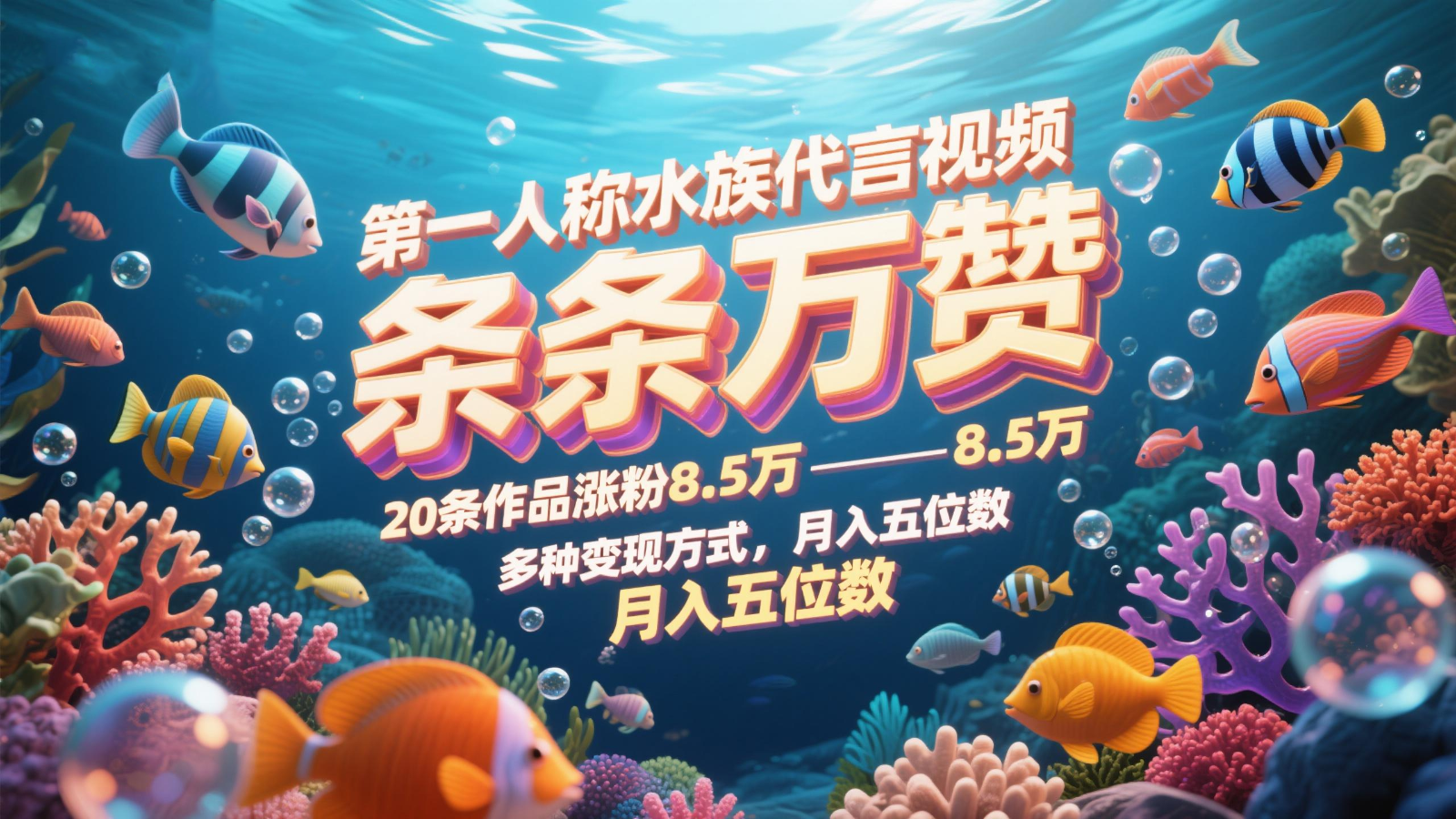 第一人称水族代言视频，条条万赞，20条作品涨粉8.5万，多种变现方式月，入五位数-巴七创客网